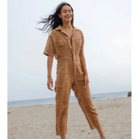 MATE the Label Pants - MATE the Label Sedona Linen Utility Jumpsuit Rust Orange Short Sleeve Sz Small